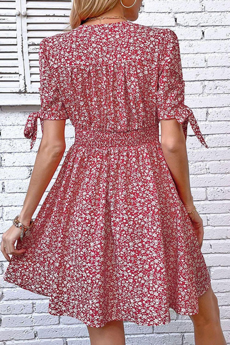 ditsy red floral dress Serisse Women's Red Floral Summer Elegant Vacation Dress,Ditsy Short Sleeve Wrap Mid-Calf Maxi Dress,Fitted Waist A-Line Bohemia Flower Holiday Wear