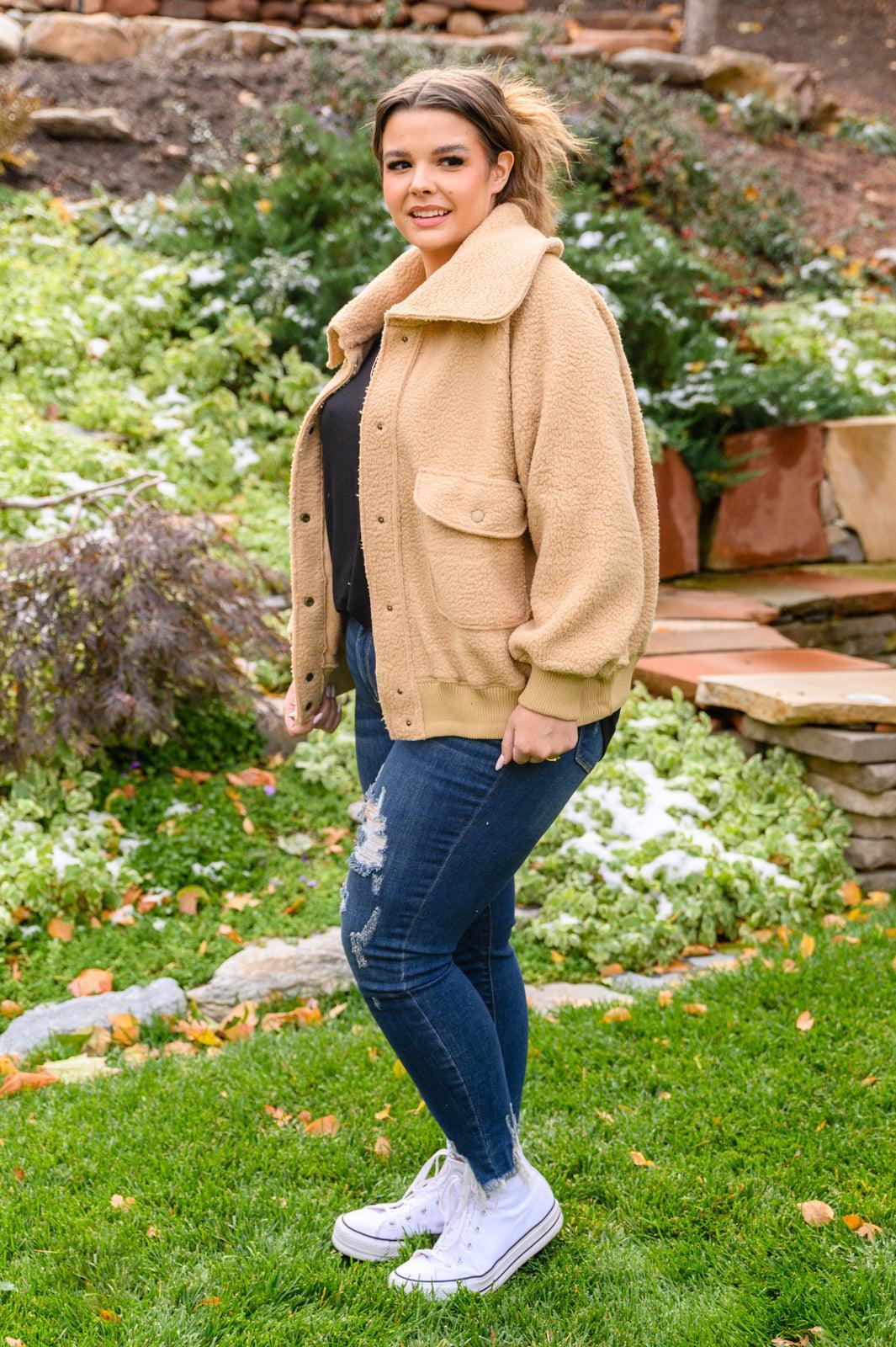 Hazel Blues® | Don't Stress Oversized Collar Sherpa Jacket In Taupe - Hazel Blues®