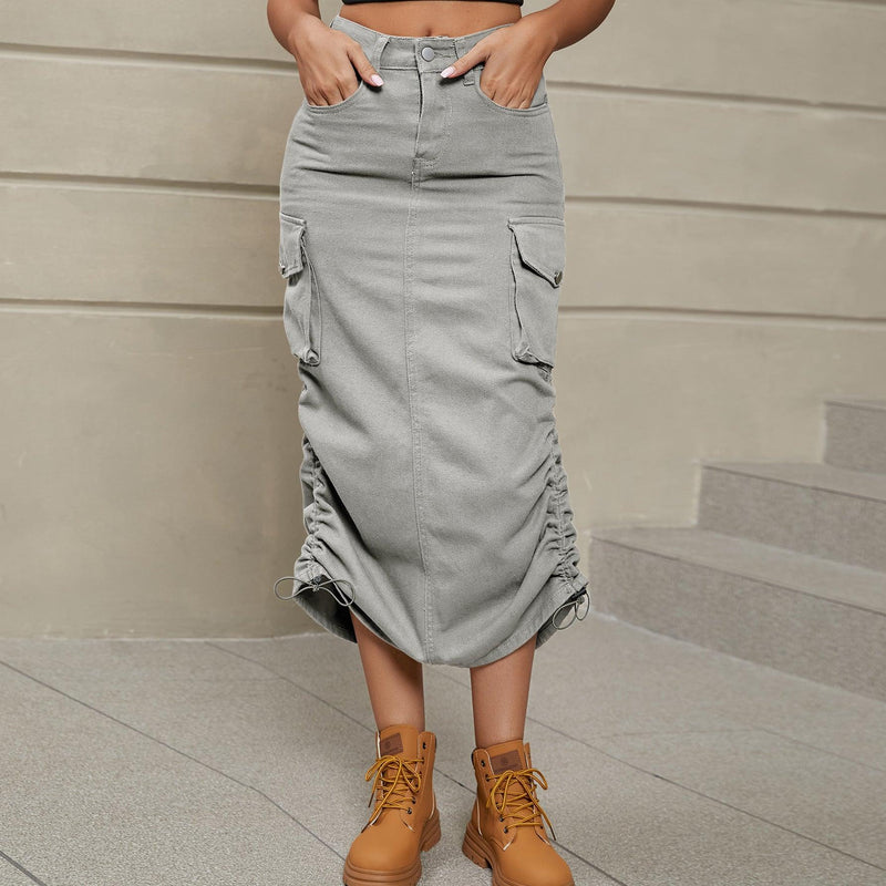 Hazel Blues® | Drawstring Ruched Slit Denim Midi Skirt - Hazel Blues®