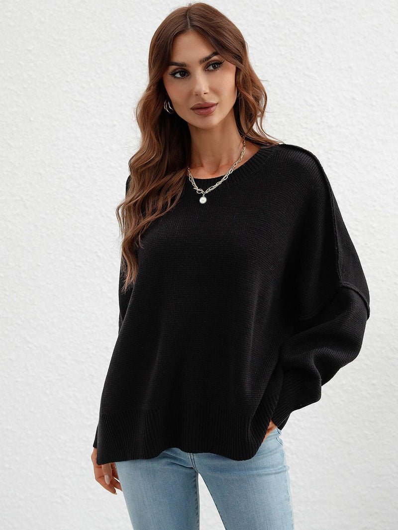 Hazel Blues® | Exposed Seam Dropped Shoulder Slit Sweater - Hazel Blues®