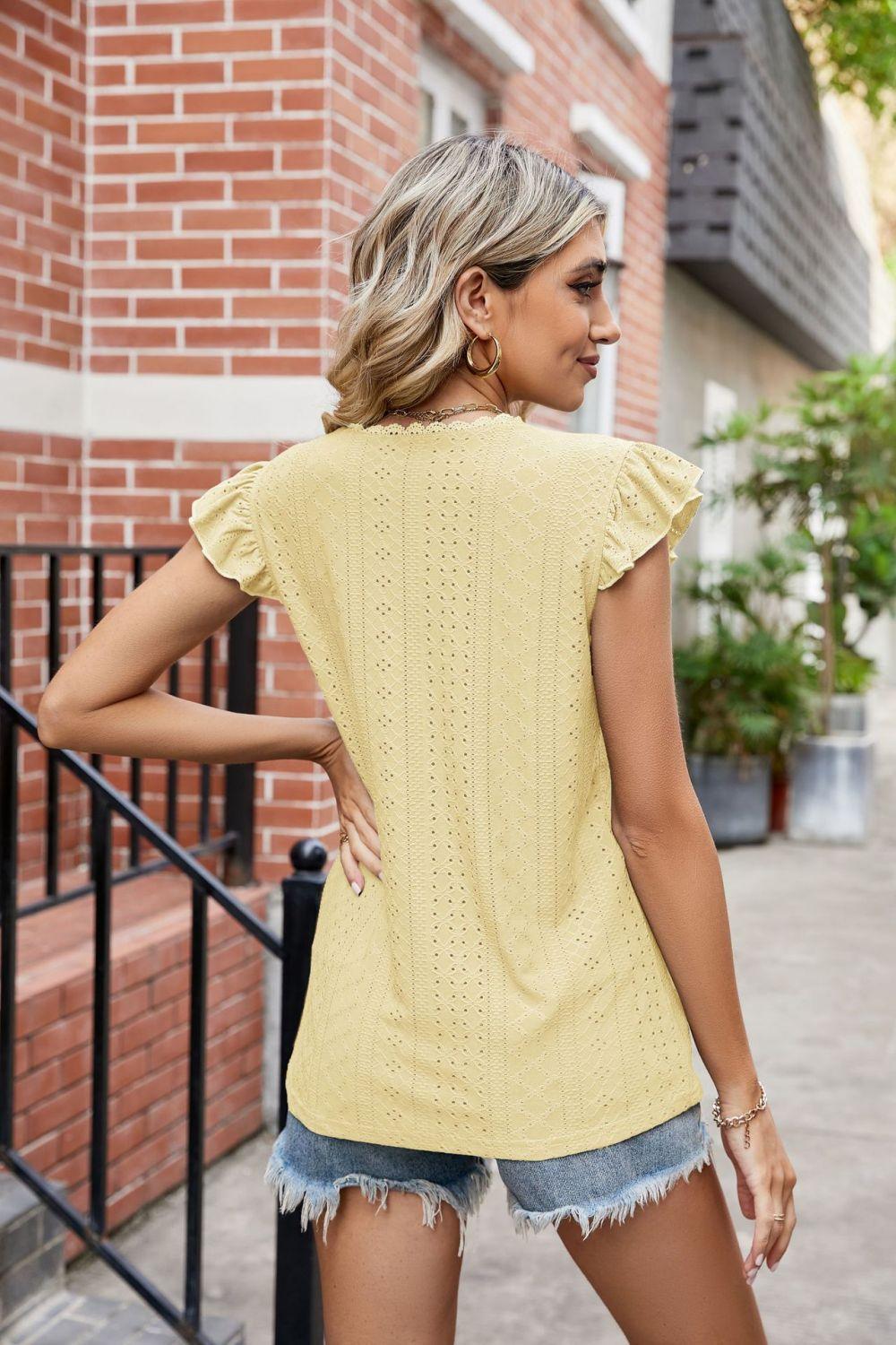 Hazel Blues® | Eyelet Flutter Sleeve Scalloped V-Neck Top - Hazel Blues®