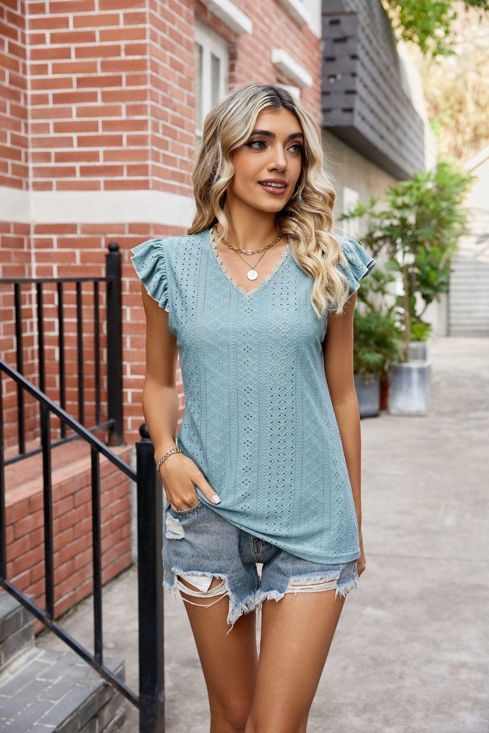 Hazel Blues® | Eyelet Flutter Sleeve Scalloped V-Neck Top - Hazel Blues®