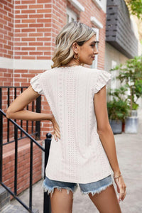 Hazel Blues® | Eyelet Flutter Sleeve Scalloped V-Neck Top - Hazel Blues®