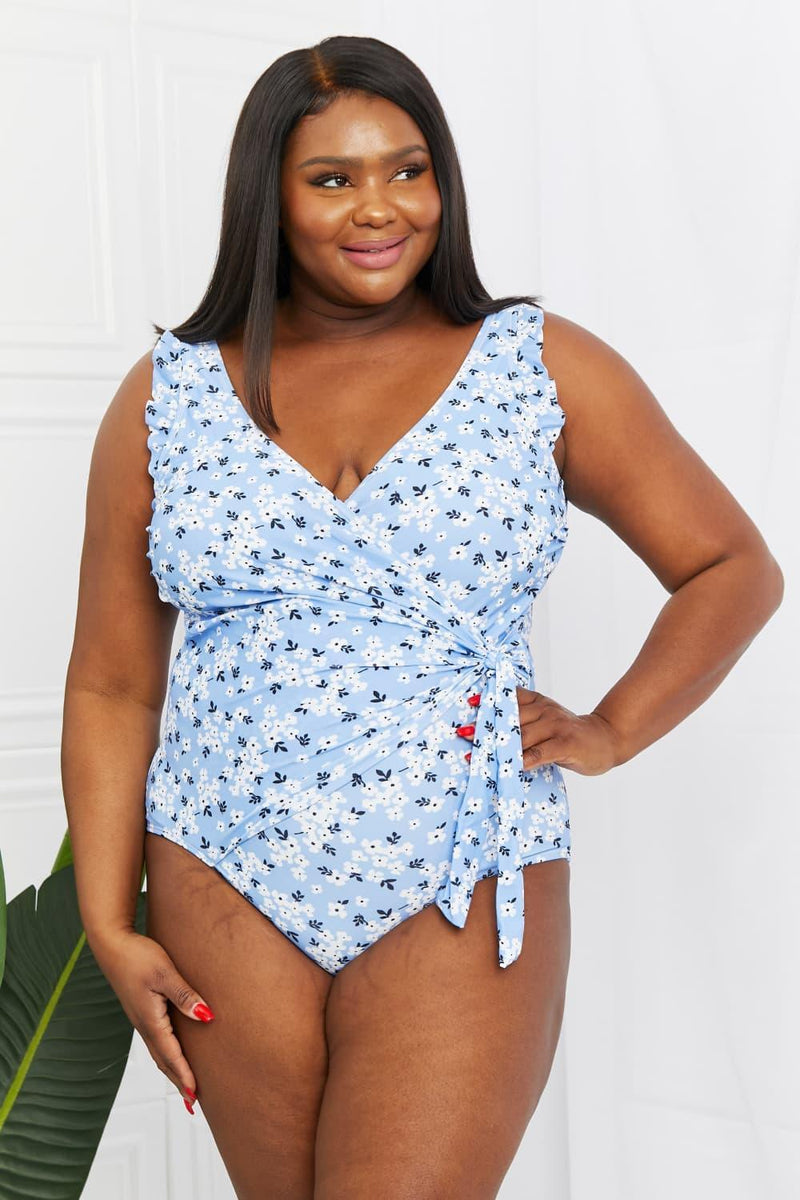 Hazel Blues® | Float On Ruffle Faux Wrap One-Piece in Blossom Blue - Hazel Blues®