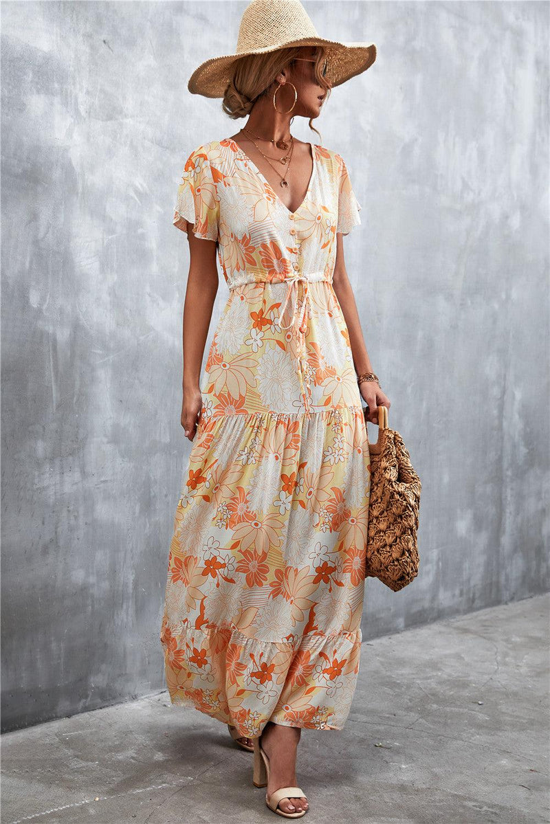 Hazel Blues® | Floral Buttoned Drawstring Waist Tiered Dress - Hazel Blues®