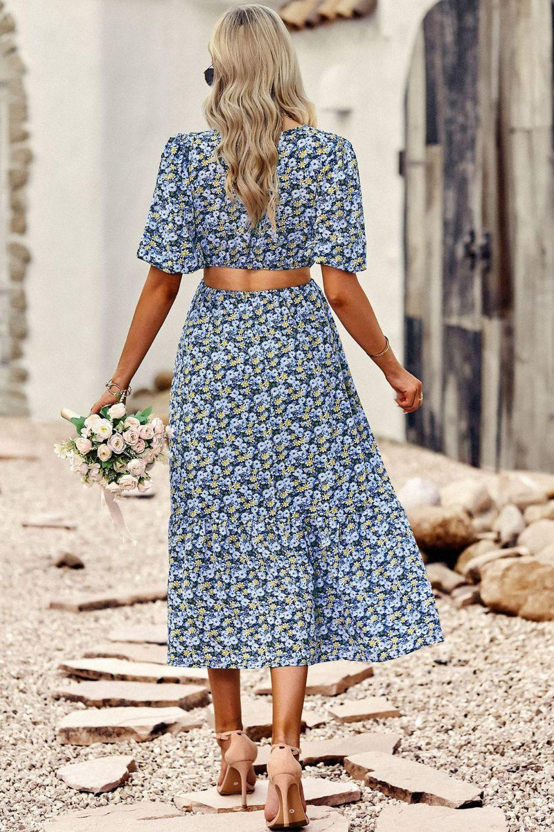 Hazel Blues®  Floral Cutout Puff Sleeve Midi Dress