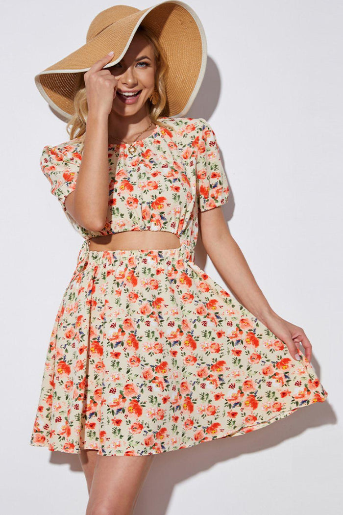 Hazel Blues® | Floral Cutout Short Puff Sleeve Dress - Hazel Blues®