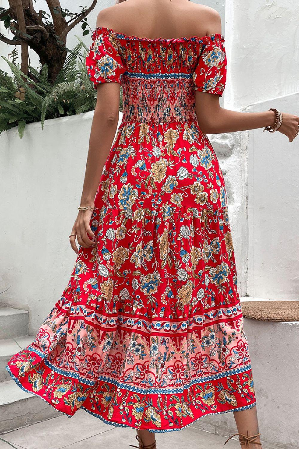 Hazel Blues | Floral Off-Shoulder Smocked Midi Dress