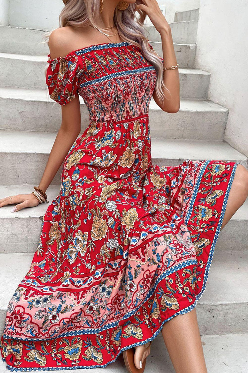 Hazel Blues | Floral Off-Shoulder Smocked Midi Dress