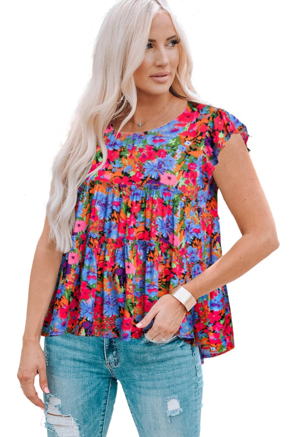 Hazel Blues® | Floral Round Neck Frill Trim Blouse - Hazel Blues®