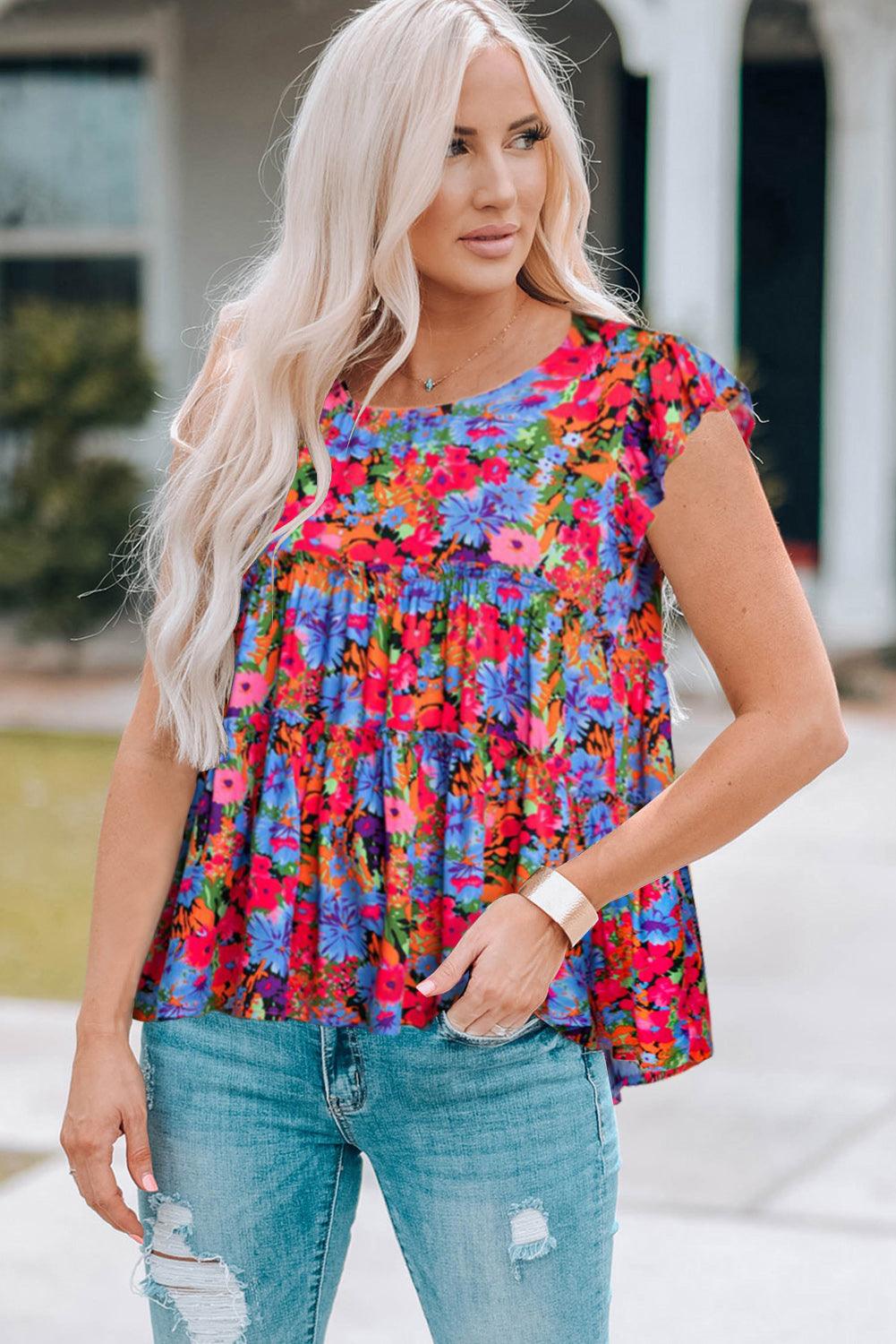 Hazel Blues® | Floral Round Neck Frill Trim Blouse - Hazel Blues®