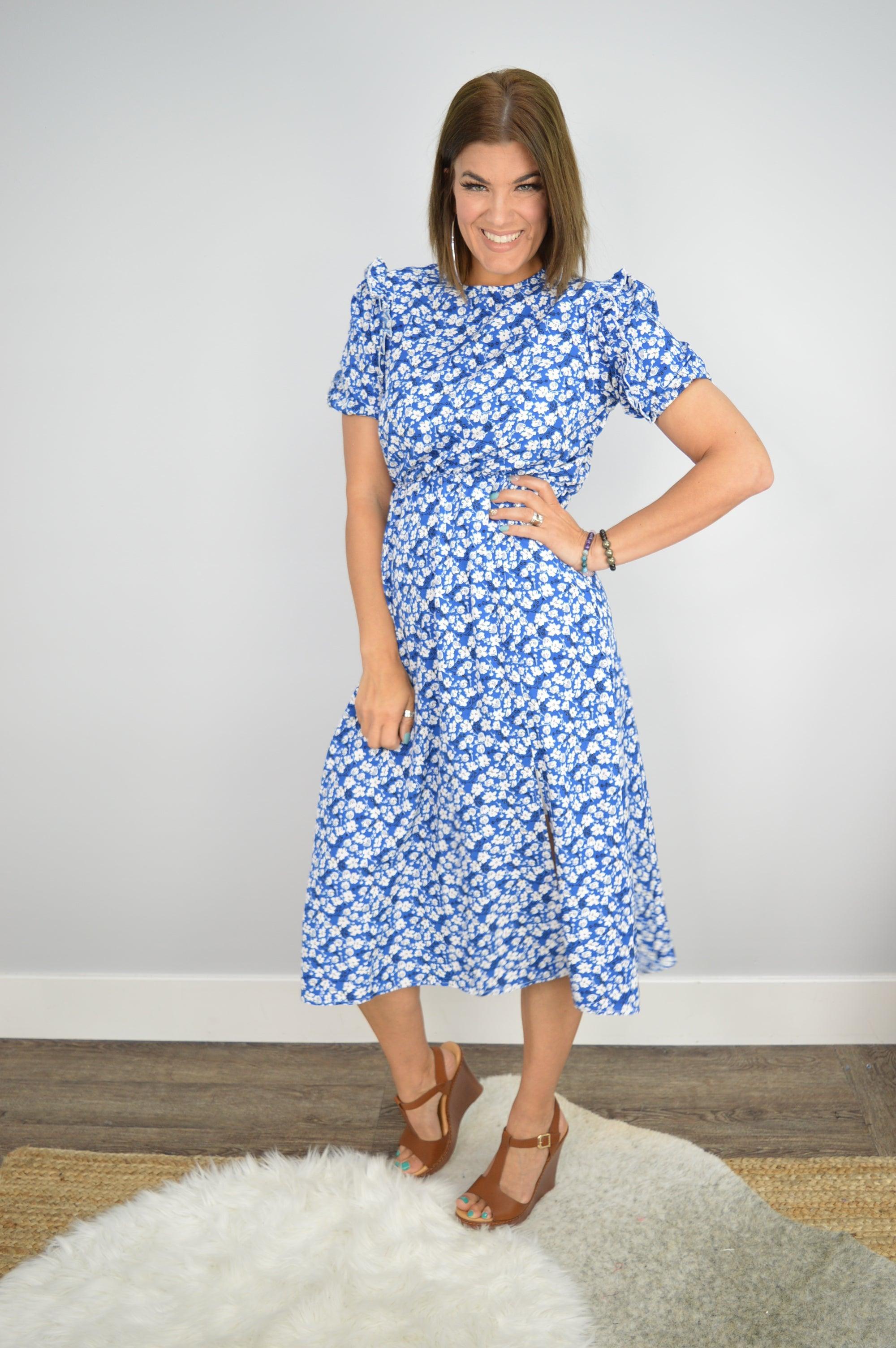 Hazel Blues | Floral Round Neck Split Midi Dress Blue / S Hazel Blues | Floral Round Neck Split Midi Dress Blue / S