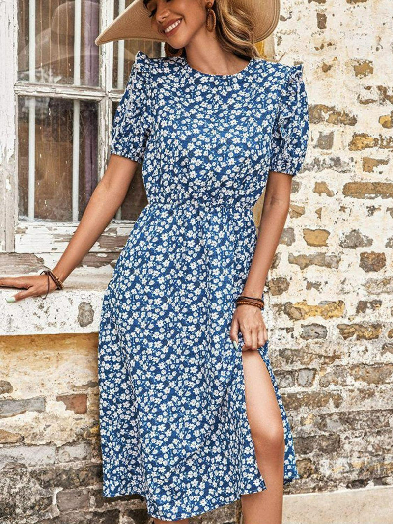 Hazel Blues® | Floral Round Neck Split Midi Dress - Hazel Blues®