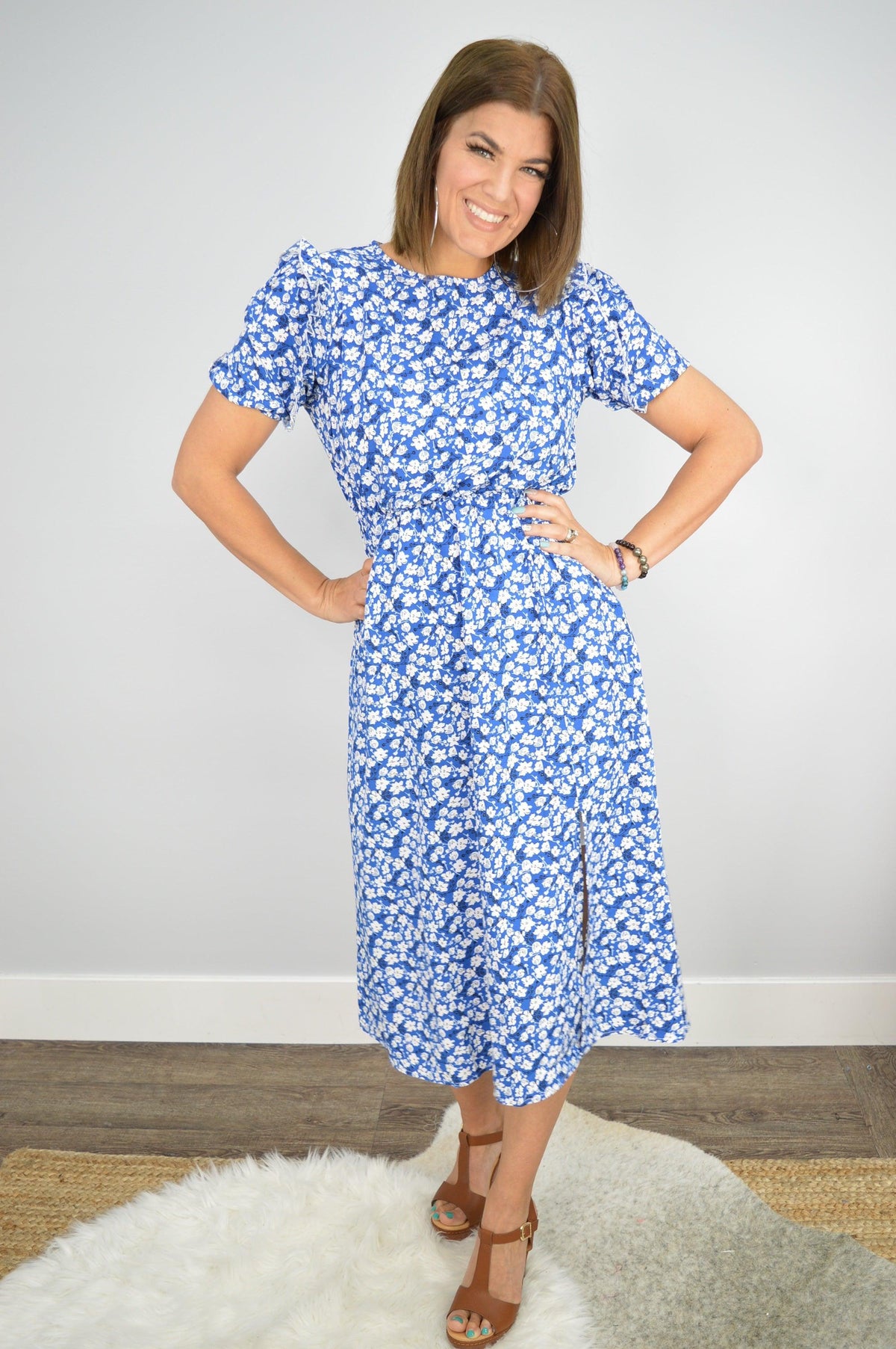 Hazel Blues® | Floral Round Neck Split Midi Dress - Hazel Blues®