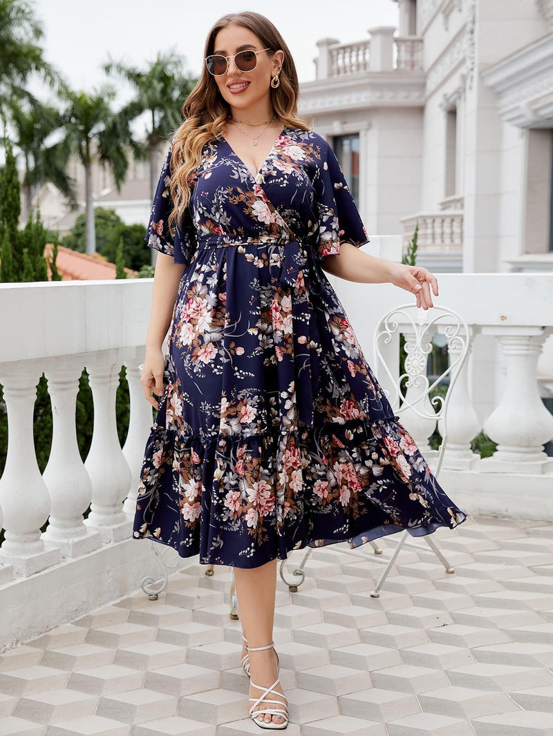 Hazel Blues | Floral Surplice Neck Midi Dress Hazel Blues | Floral Surplice Neck Midi Dress
