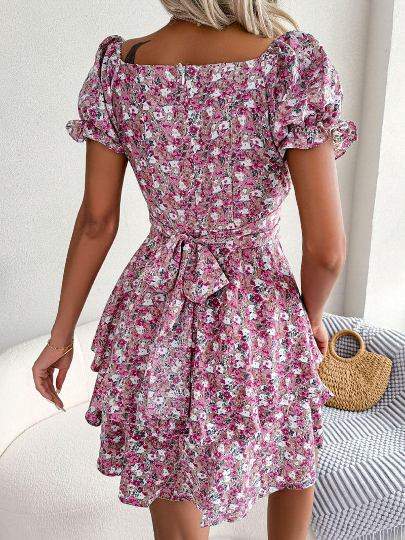 Women Mini Dress Temperament Big Swing Loose Hem Flower Print Shirring Dress Up Short Sleeves High Waist Summer Dress Clothes Yellow / XL Women Mini Dress Temperament Big Swing Loose Hem Flower Print Shirring Dress Up Short Sleeves High Waist Summer Dress Clothes Yellow / XL