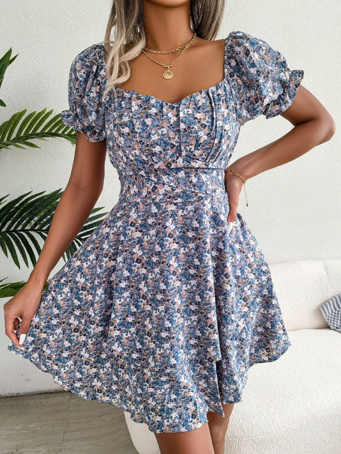 Hazel Blues® | Floral Sweetheart Neck Flounce Sleeve Mini Dress - Hazel Blues®