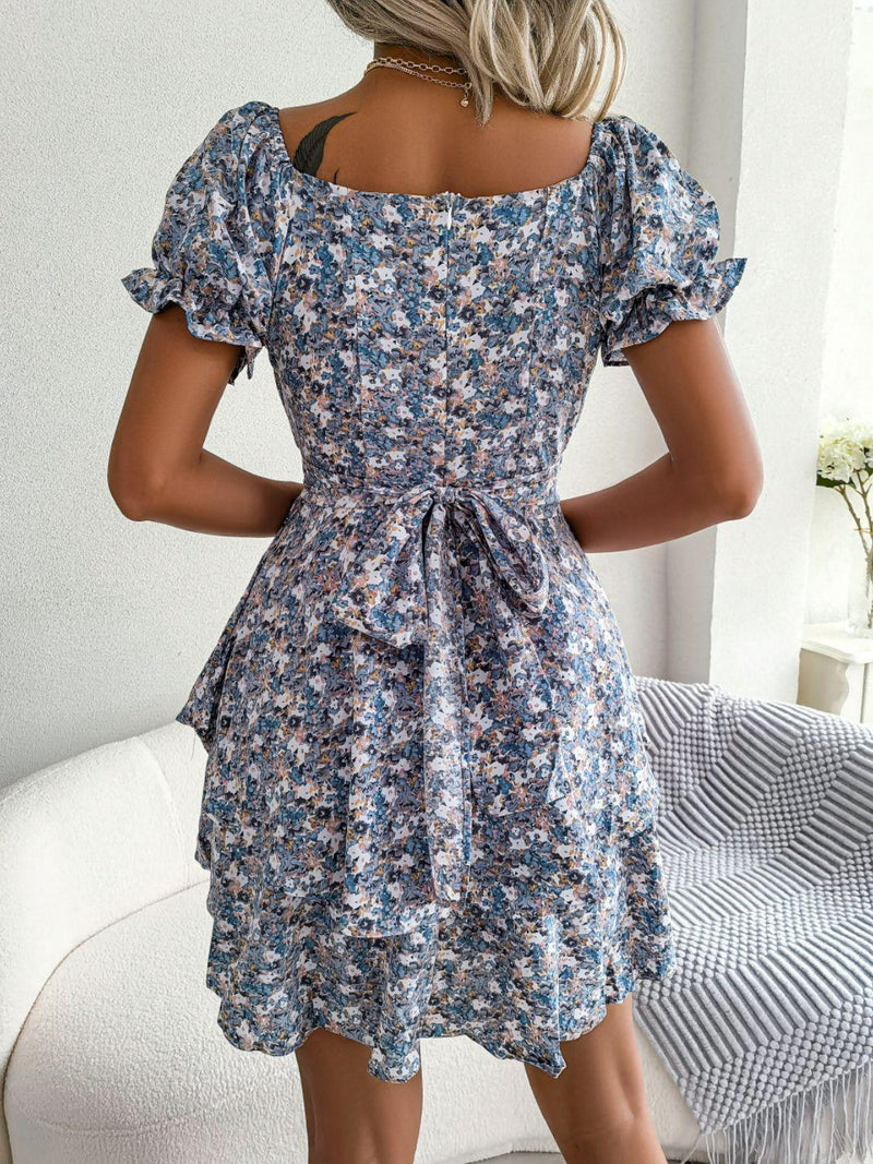 Hazel Blues® | Floral Sweetheart Neck Flounce Sleeve Mini Dress - Hazel Blues®