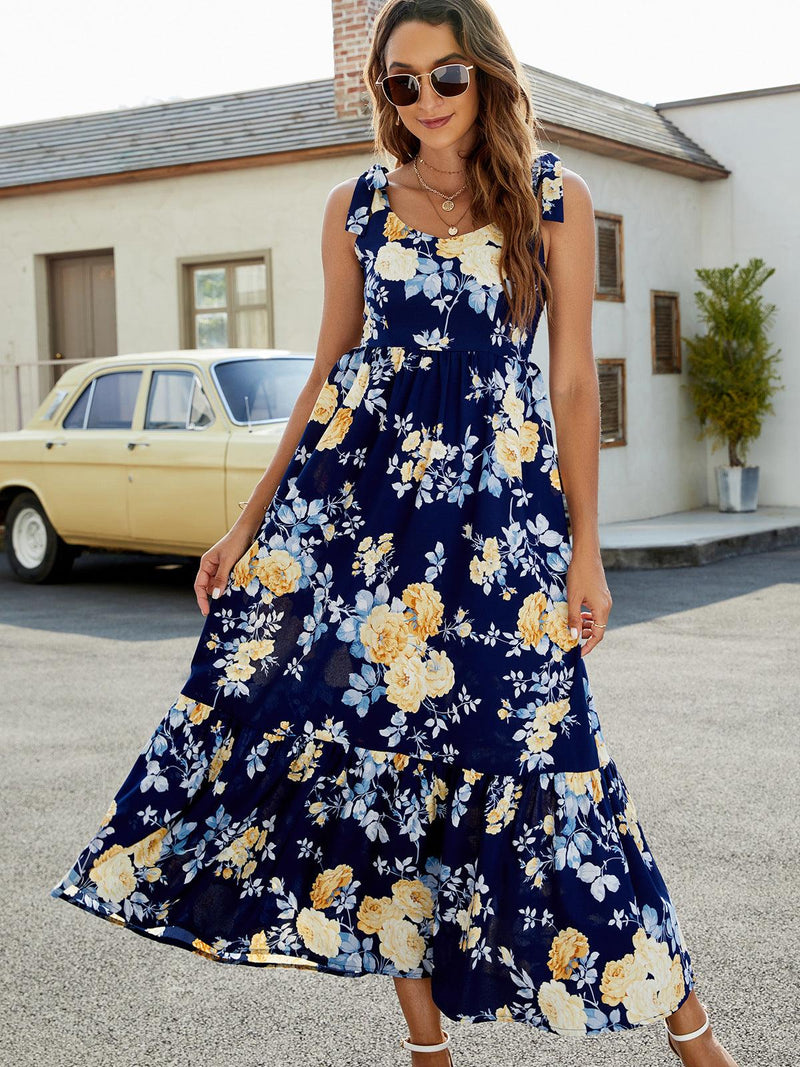 Wholesale MOQ6 Floral Tie-Shoulder Sleeveless Dress Wholesale MOQ6 Floral Tie-Shoulder Sleeveless Dress