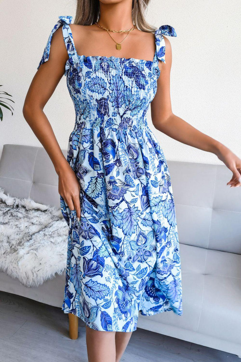 Hazel Blues® | Tie Smocked Shoulder Midi Floral Dress