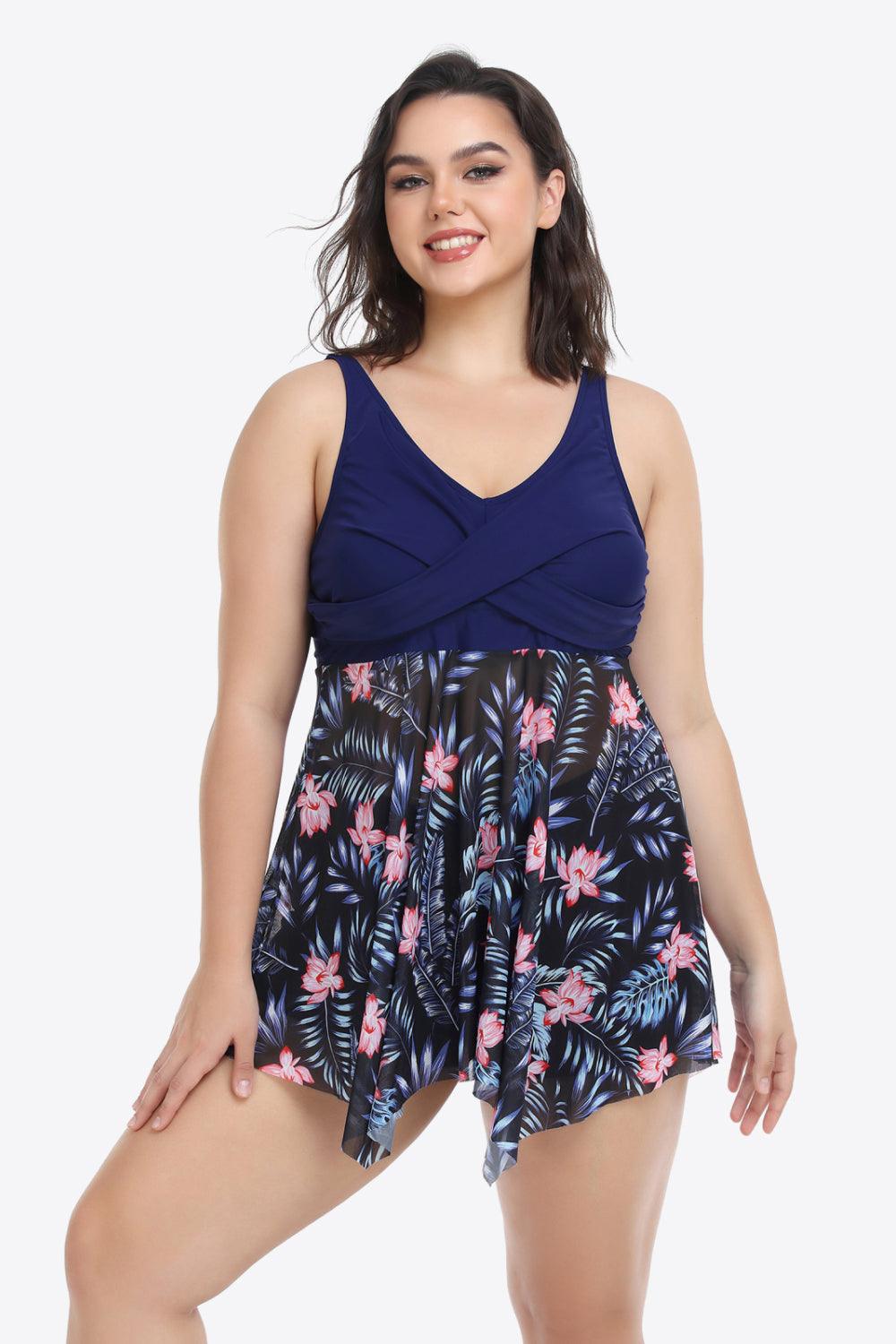 Hazel Blues® | Floral Two-Tone Asymmetrical Hem Two-Piece Swimsuit - Hazel Blues®