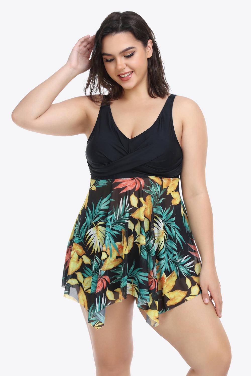 Hazel Blues® | Floral Two-Tone Asymmetrical Hem Two-Piece Swimsuit - Hazel Blues®