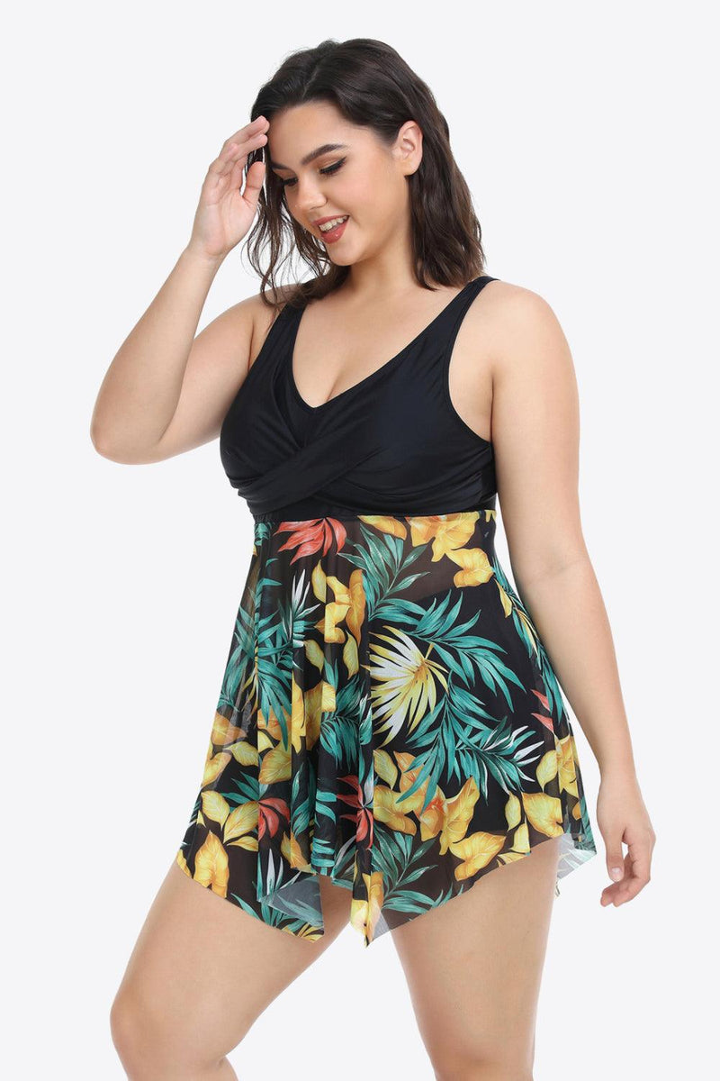 Hazel Blues® | Floral Two-Tone Asymmetrical Hem Two-Piece Swimsuit - Hazel Blues®