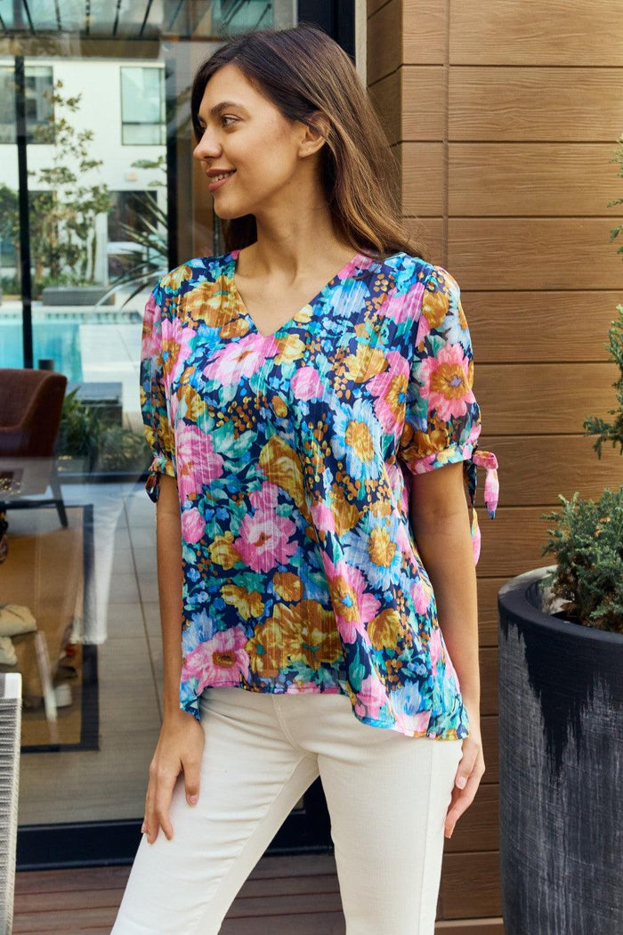 Hazel Blues® | Floral V-Neck Tie Detail Blouse - Hazel Blues®