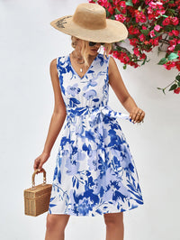 Hazel Blues® | Floral V-Neck Tie Waist Sleeveless Dress - Hazel Blues®