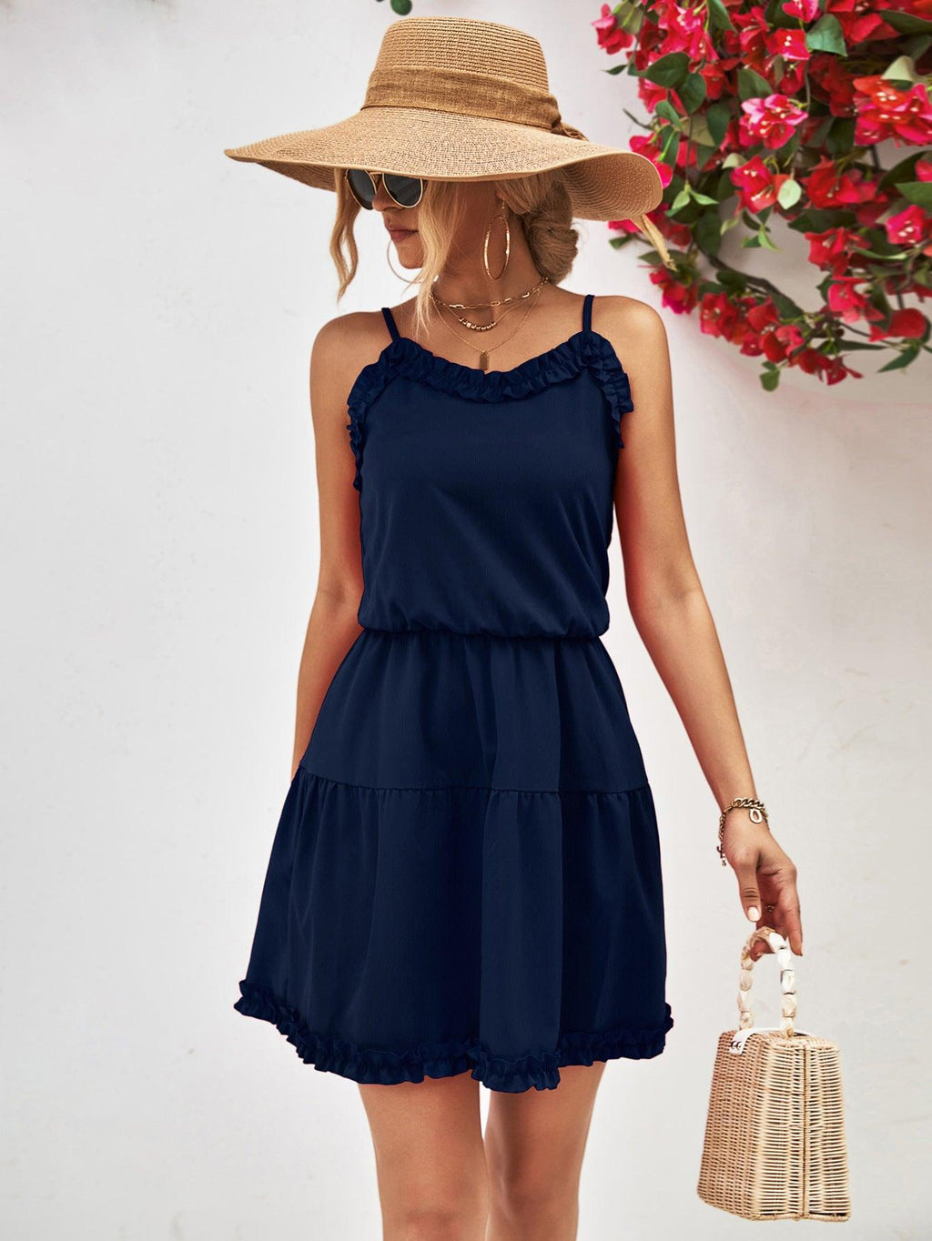 Frill Trim Spaghetti Strap Mini Dress Hot Pink / L Frill Trim Spaghetti Strap Mini Dress Hot Pink / L