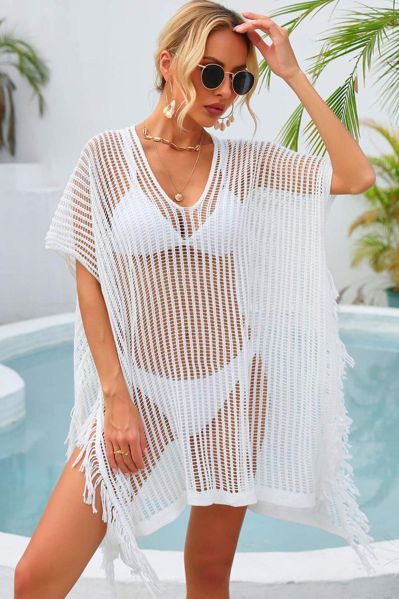 Hazel Blues® | Fringe Trim Openwork Cover Up - Hazel Blues®