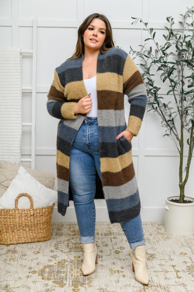 Hazel Blues® | Fuzzy Longline Cardigan In Blue & Cocoa - Hazel Blues®