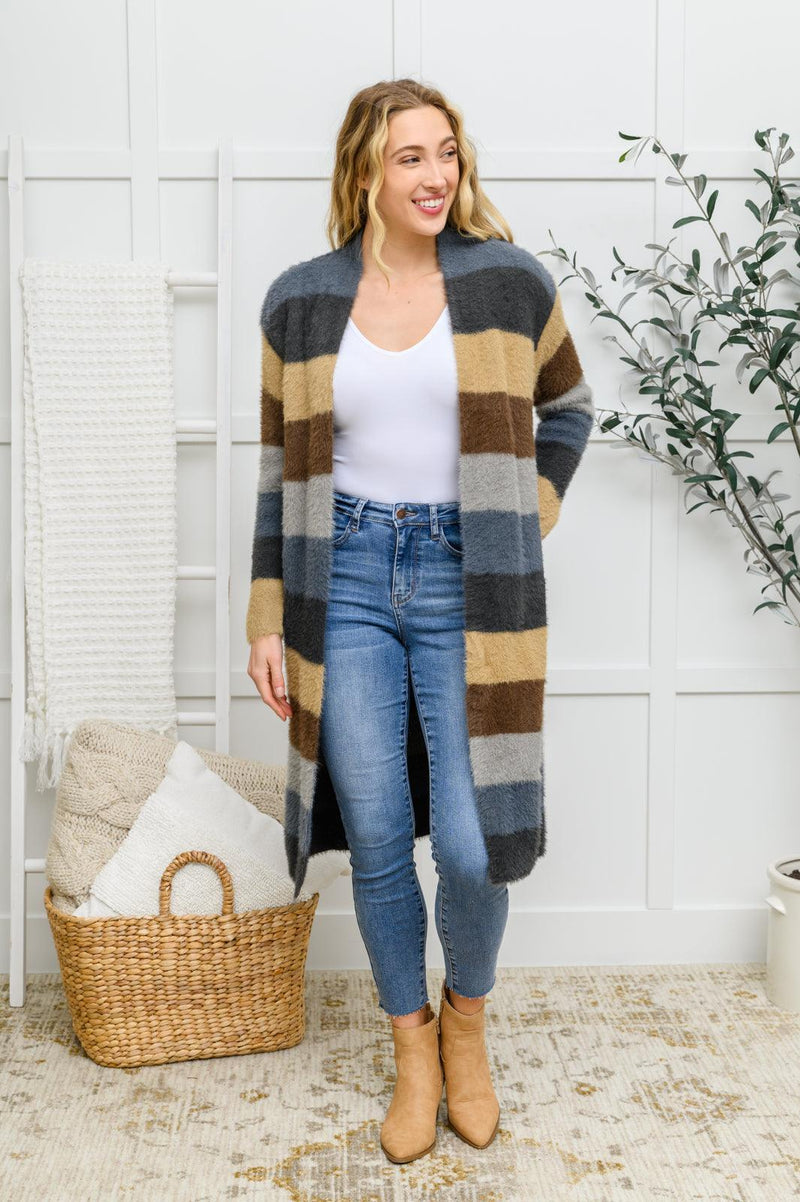 Hazel Blues® | Fuzzy Longline Cardigan In Blue & Cocoa - Hazel Blues®