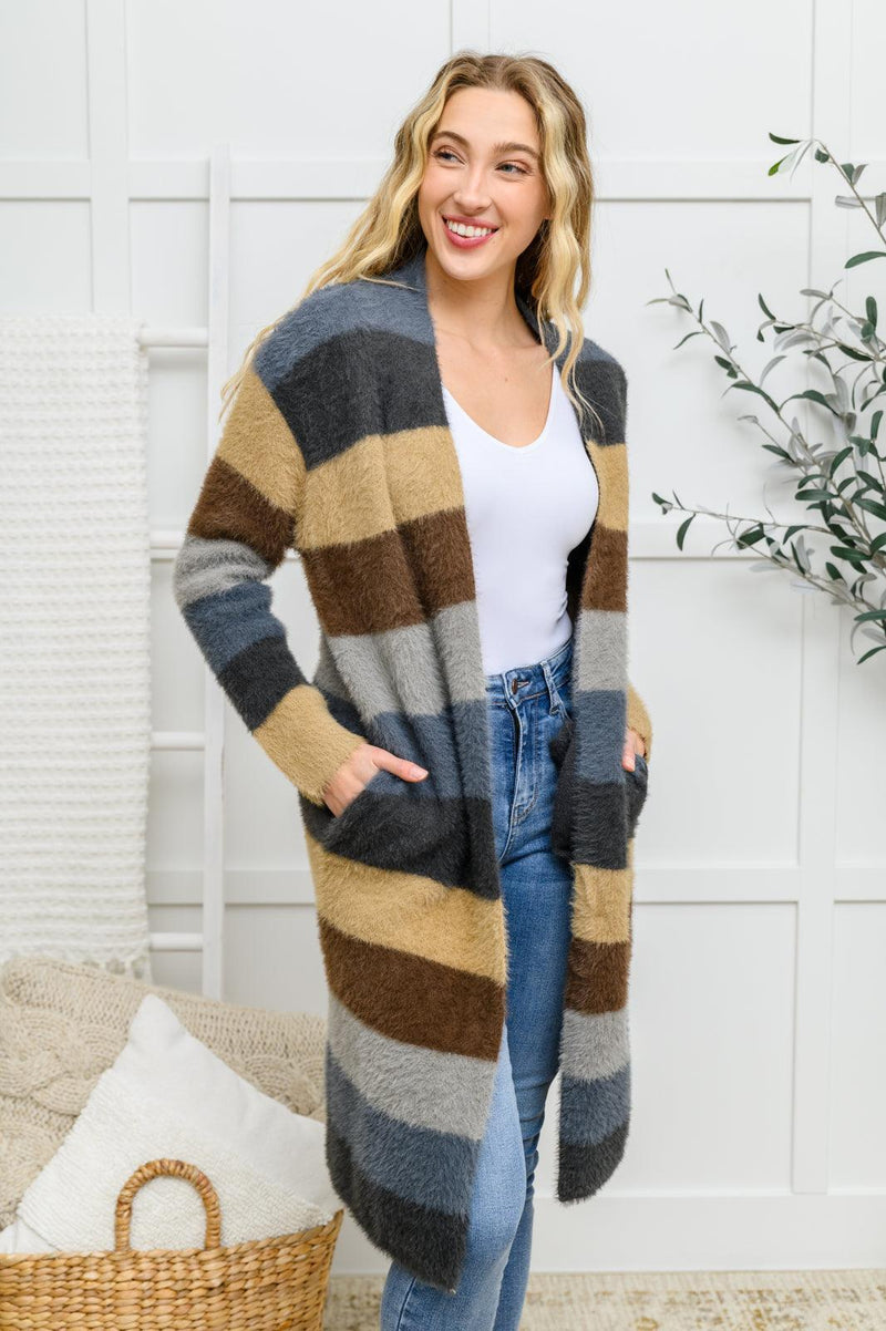 Hazel Blues® | Fuzzy Longline Cardigan In Blue & Cocoa - Hazel Blues®