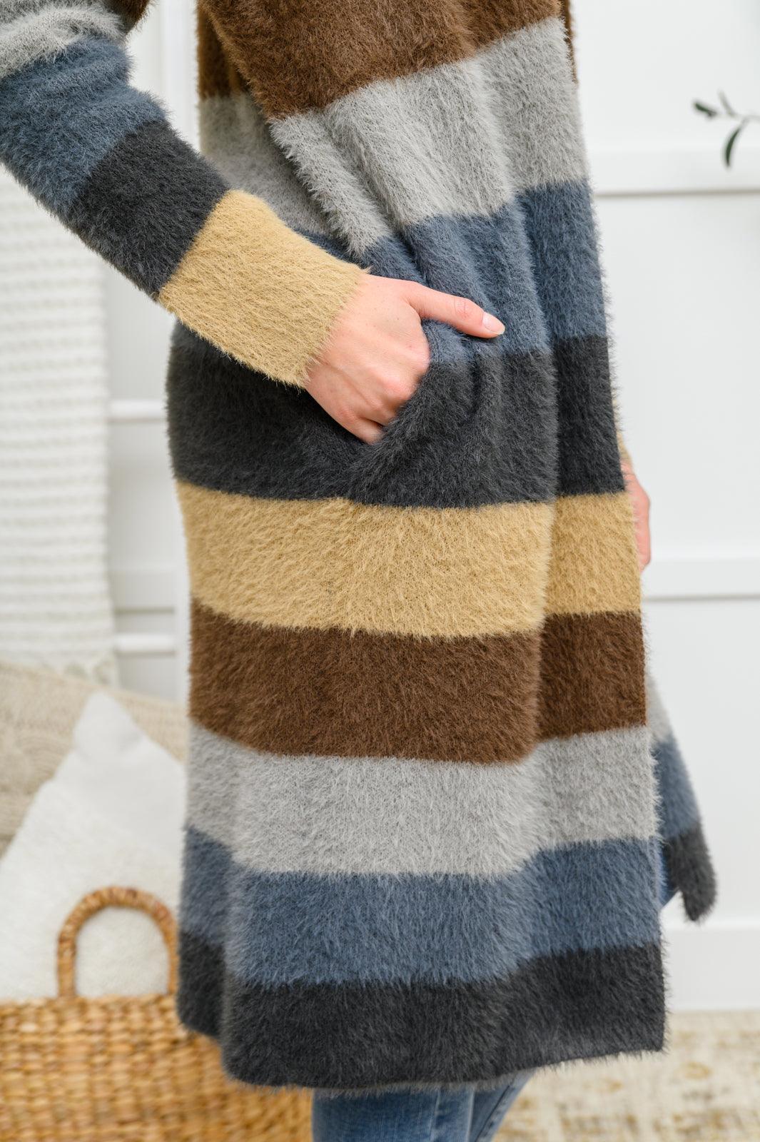 Hazel Blues® | Fuzzy Longline Cardigan In Blue & Cocoa - Hazel Blues®