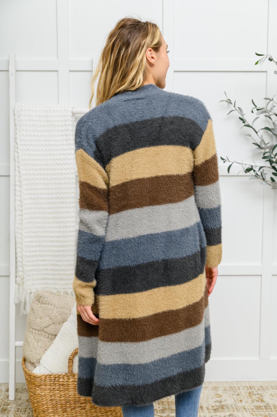 Hazel Blues® | Fuzzy Longline Cardigan In Blue & Cocoa - Hazel Blues®