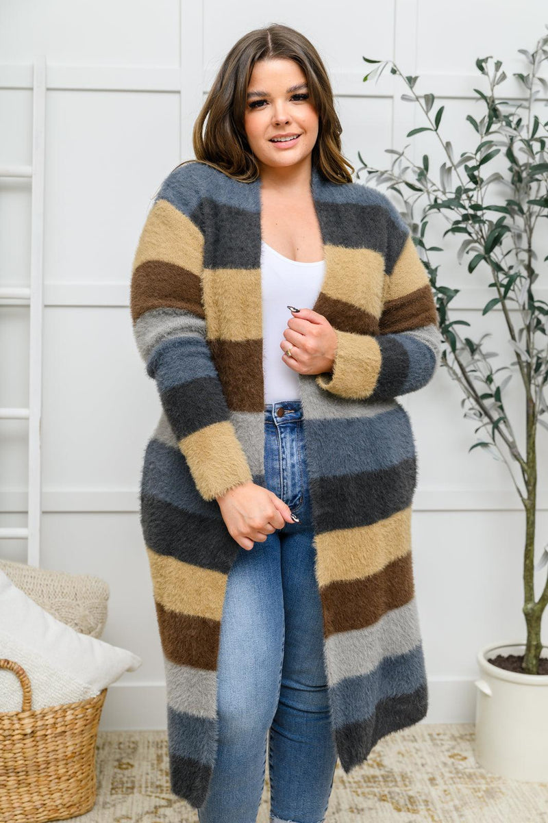 Hazel Blues® | Fuzzy Longline Cardigan In Blue & Cocoa - Hazel Blues®