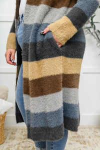 Hazel Blues® | Fuzzy Longline Cardigan In Blue & Cocoa - Hazel Blues®