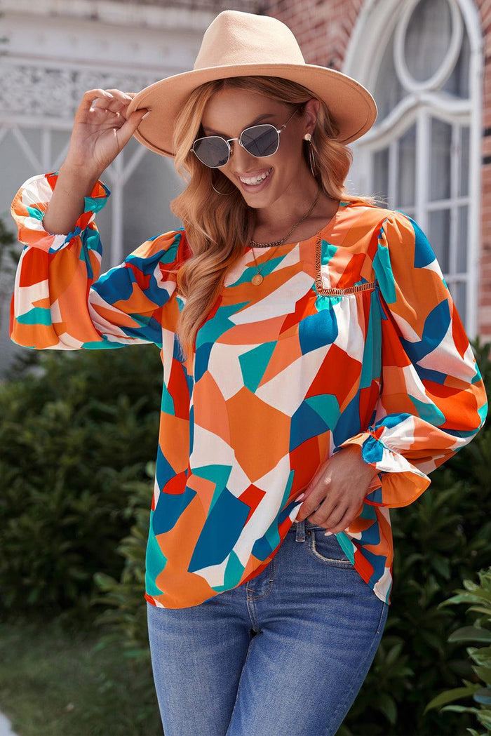 Hazel Blues® | Geometric Flounce Sleeve Blouse - Hazel Blues®