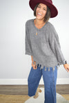 Hazel Blues® | Gray Ripped Raw Hem Chunky Pullover Sweater - Hazel Blues®