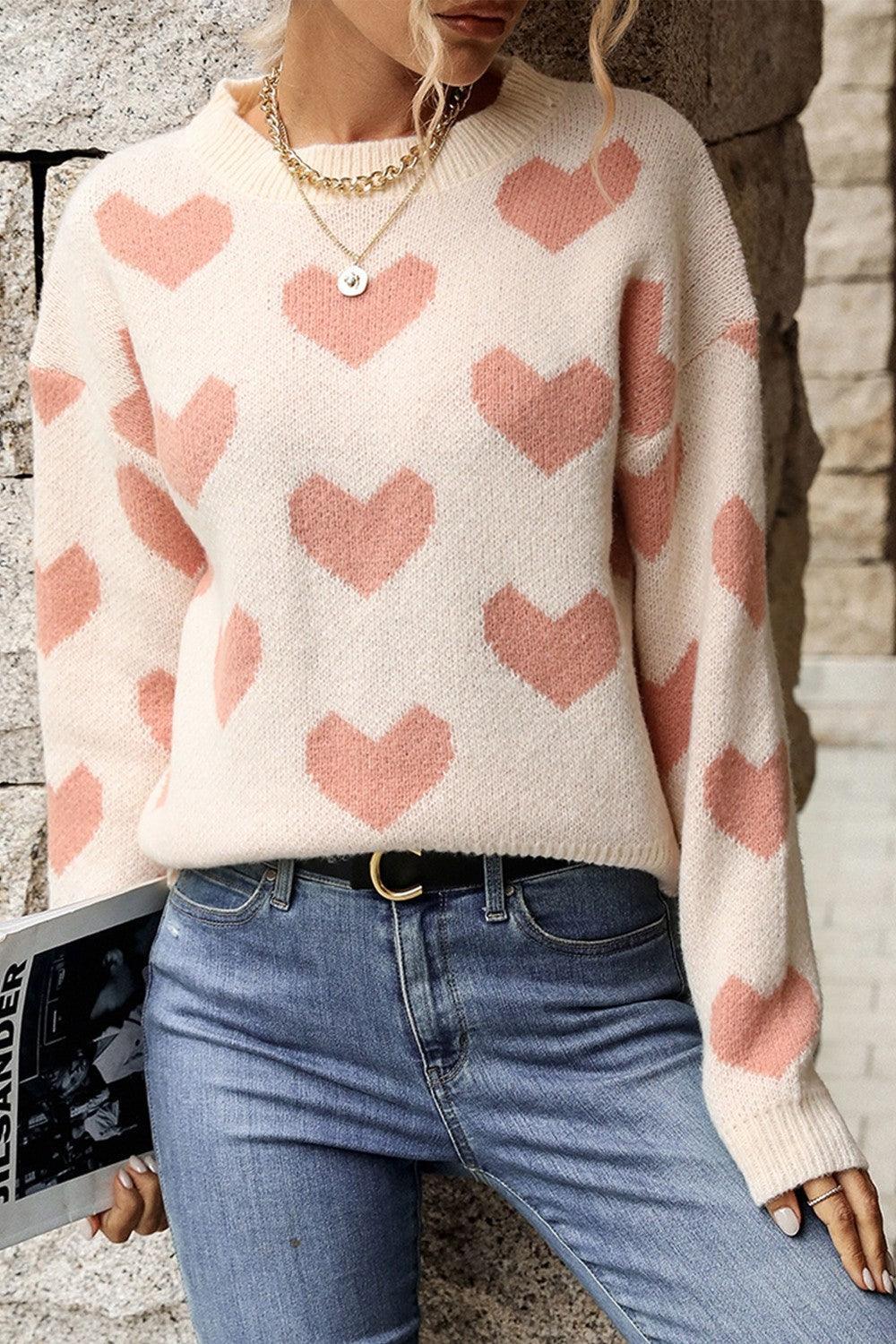 Hazel Blues® | Heart Pattern Dropped Shoulder Sweater - Hazel Blues®