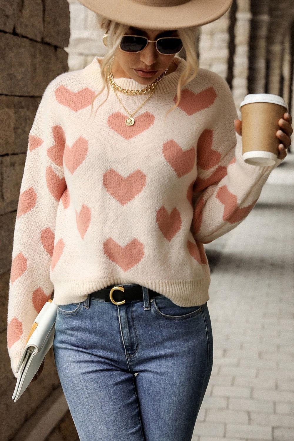 Hazel Blues® | Heart Pattern Dropped Shoulder Sweater - Hazel Blues®