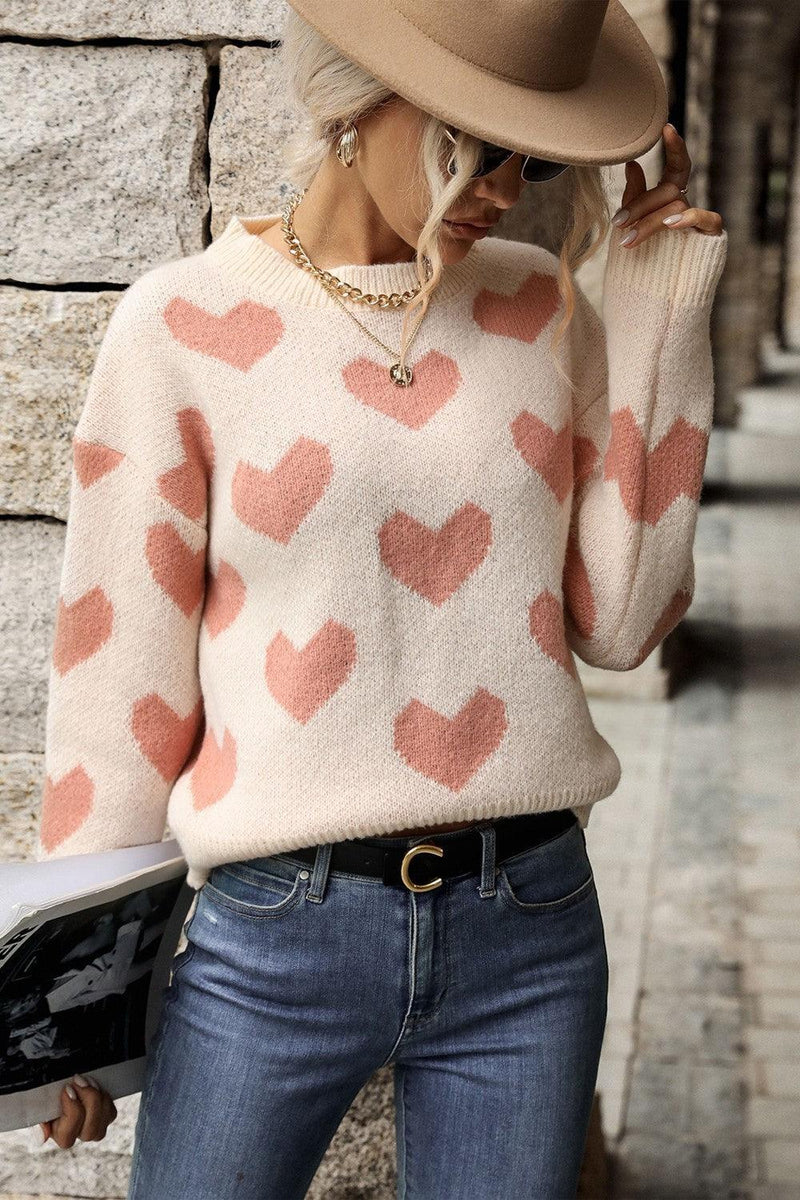 Hazel Blues® | Heart Pattern Dropped Shoulder Sweater - Hazel Blues®