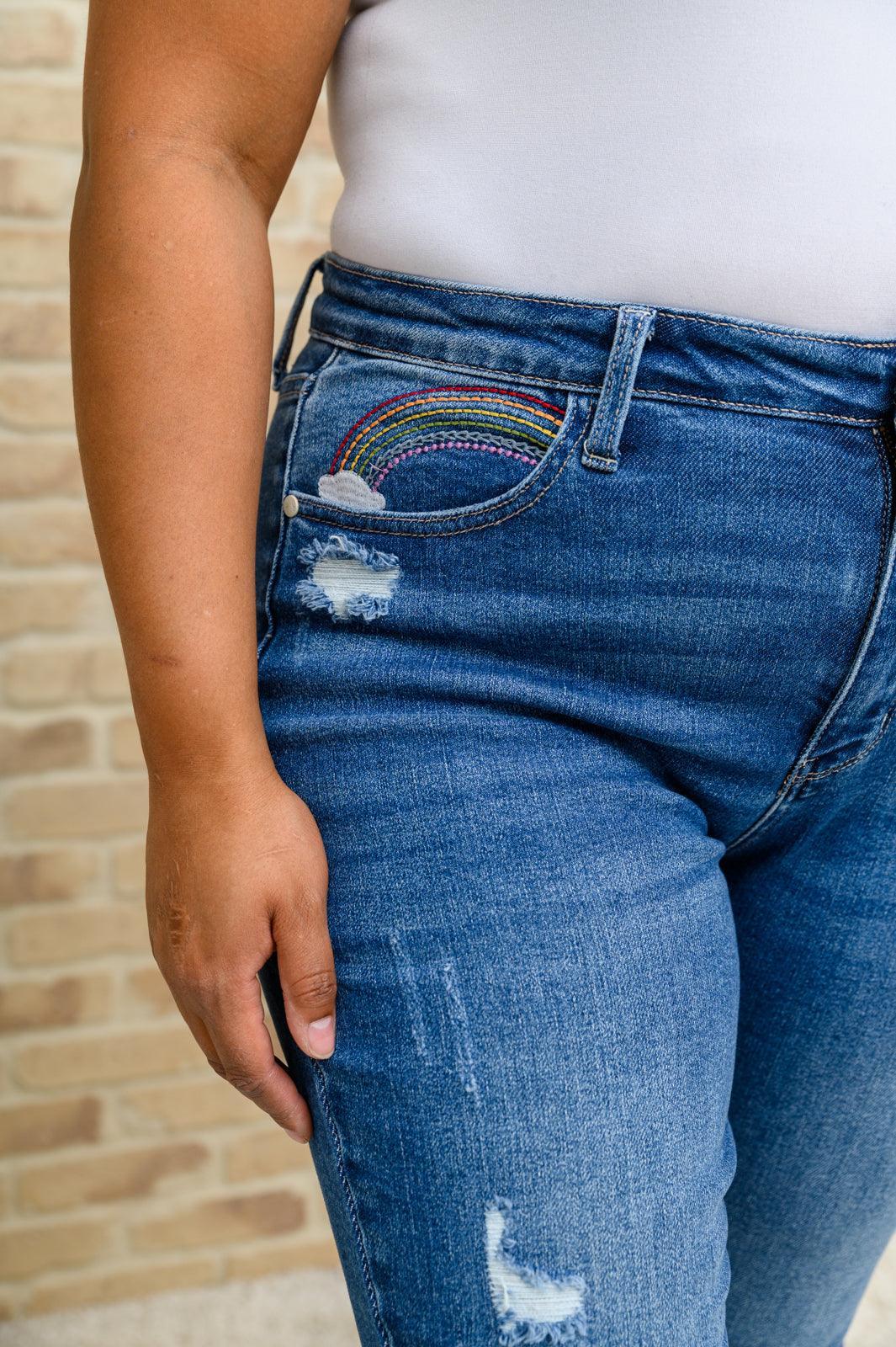 Hazel Blues® | Hi-Rise Rainbow Embroidery Cropped Straight Leg Jeans - Hazel Blues®