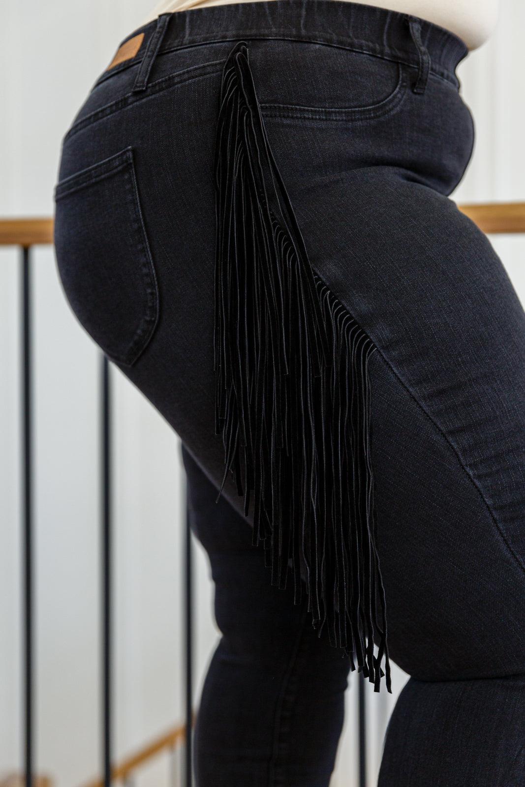 Hazel Blues® | Hilary Side Fringe Skinny Jegging In Black - Hazel Blues®