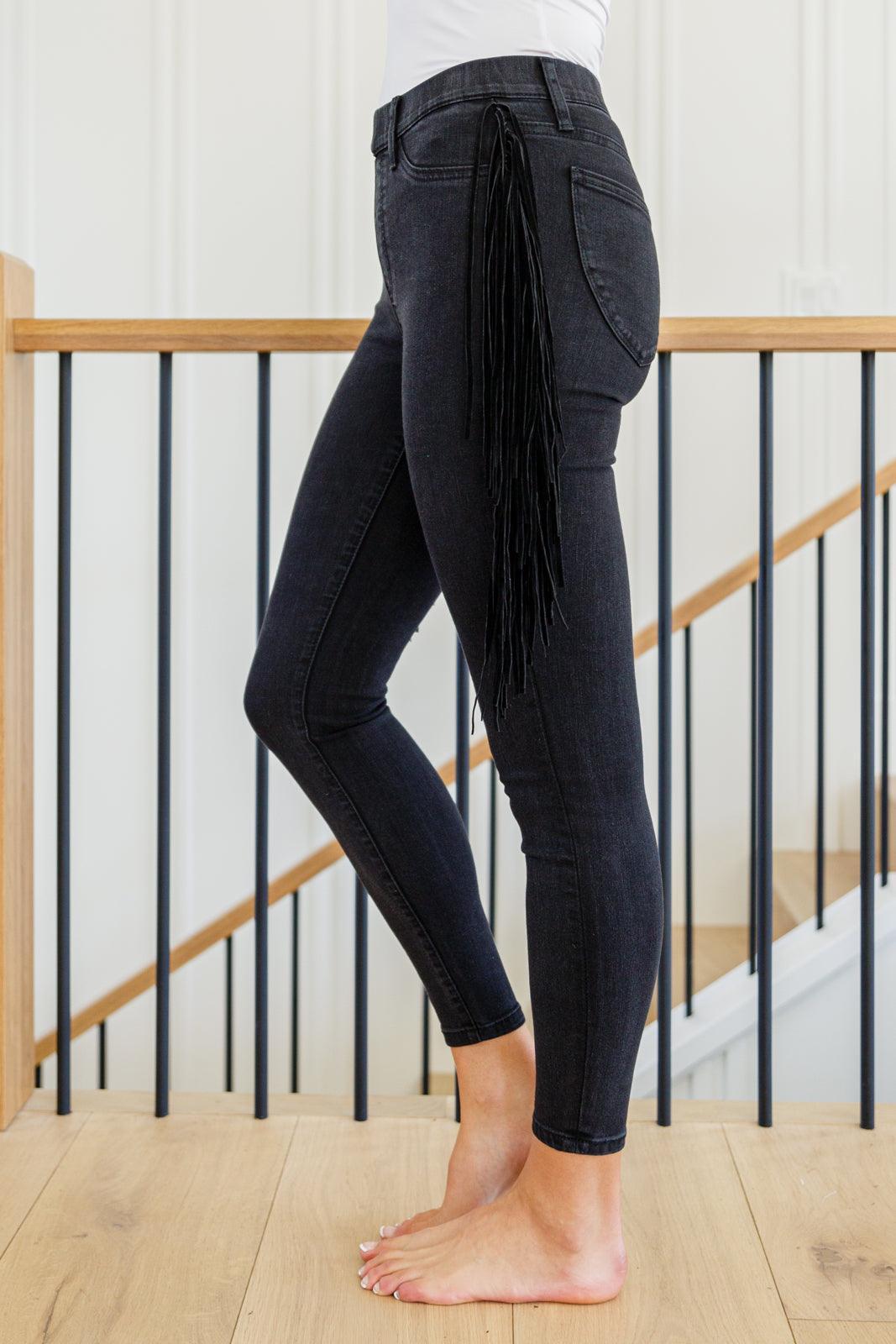 Hazel Blues® | Hilary Side Fringe Skinny Jegging In Black - Hazel Blues®