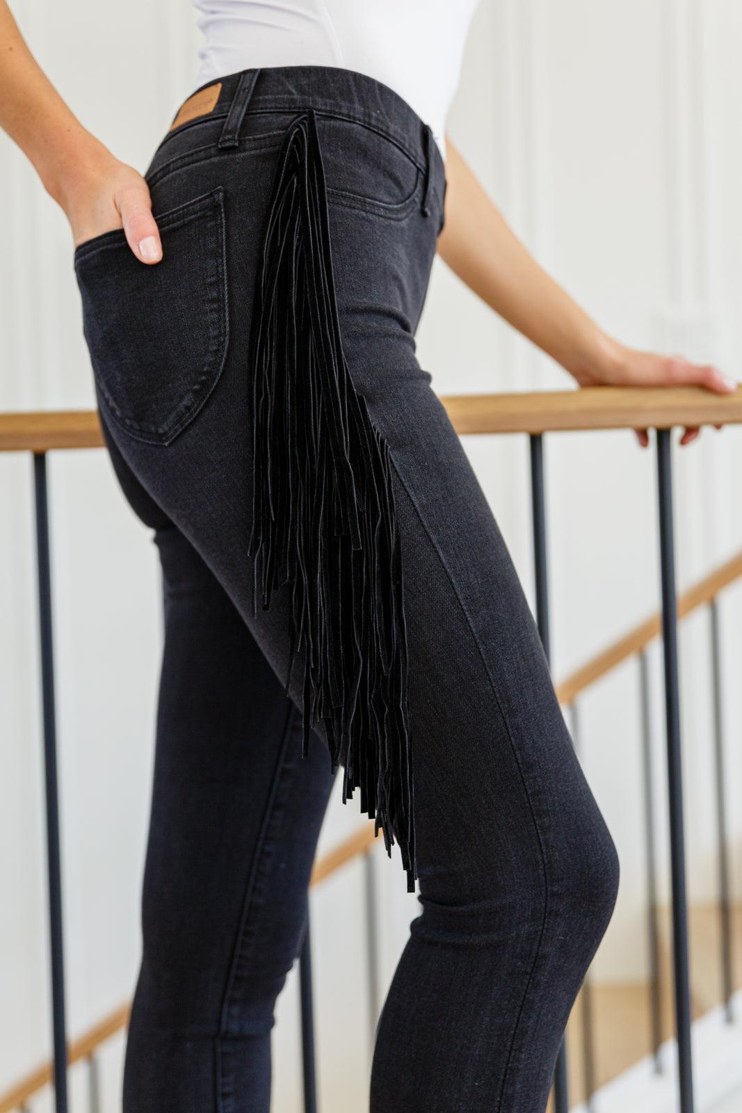 Hazel Blues® | Hilary Side Fringe Skinny Jegging In Black - Hazel Blues®