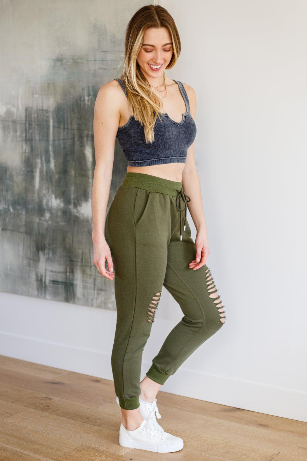 Hazel Blues®  Kick Back Distressed Joggers in Olive