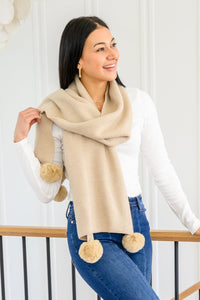 Hazel Blues® | Knitted Fuzzy Pom Pom Scarf In Beige - Hazel Blues®