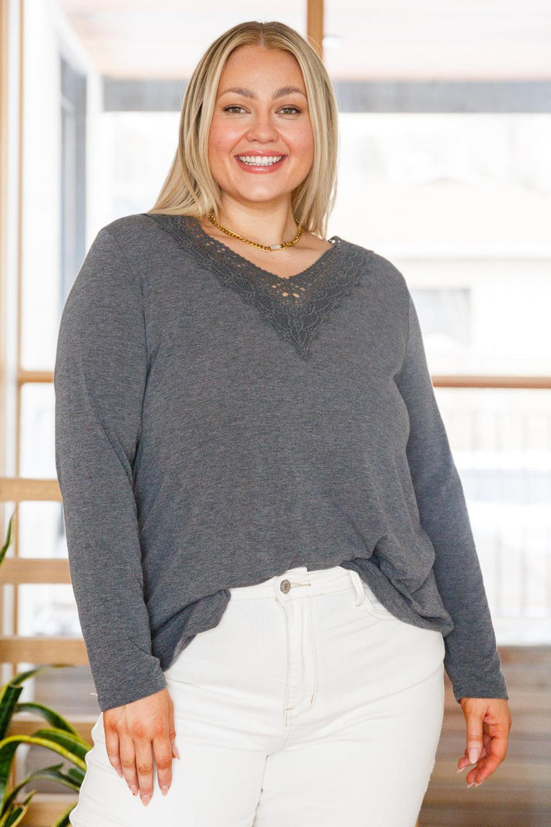 Hazel Blues® | Lacey Long Sleeve V Neck In Gray - Hazel Blues®